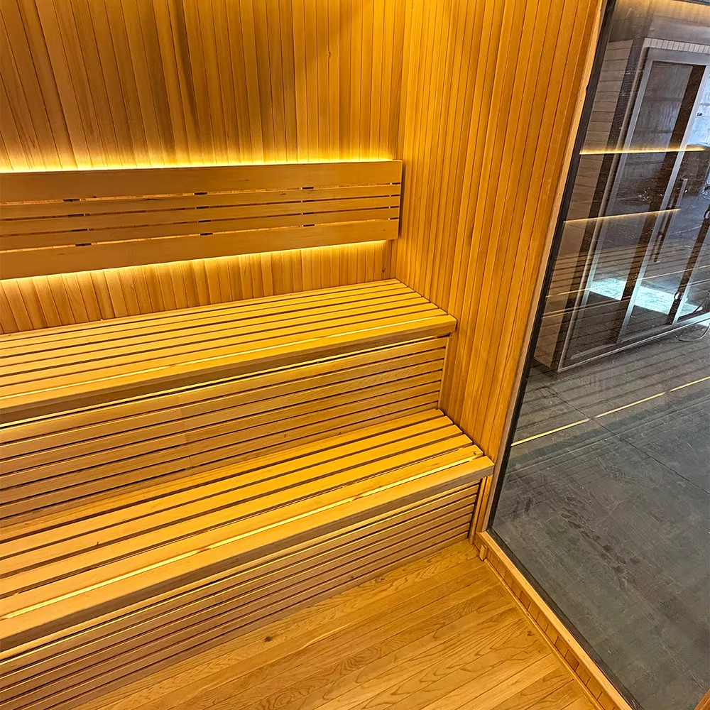 Large Glass Front Commercial Sauna Room with L-Bench Layout CSA-639 Buyer reference