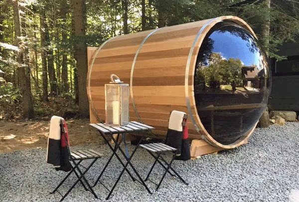 Panoramic Half-Dome Glass Barrel Sauna CSA-640 Exterior angle