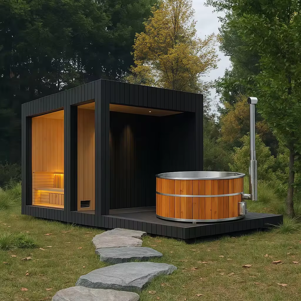Outdoor Cube Sauna with Hot Tub Deck product image