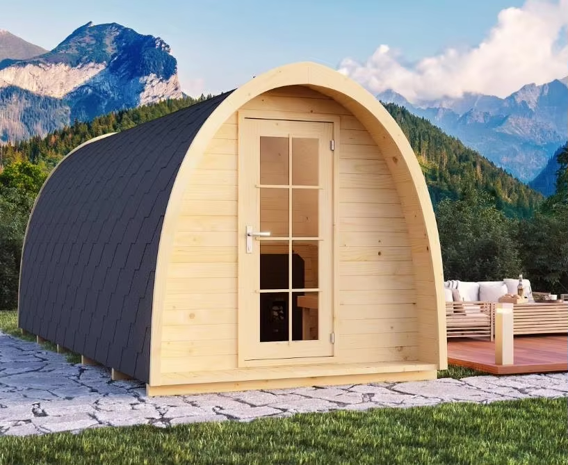Large Red Cedar Outdoor Sauna Pod with Panoramic Rear Window CSA-650 Exterior angle