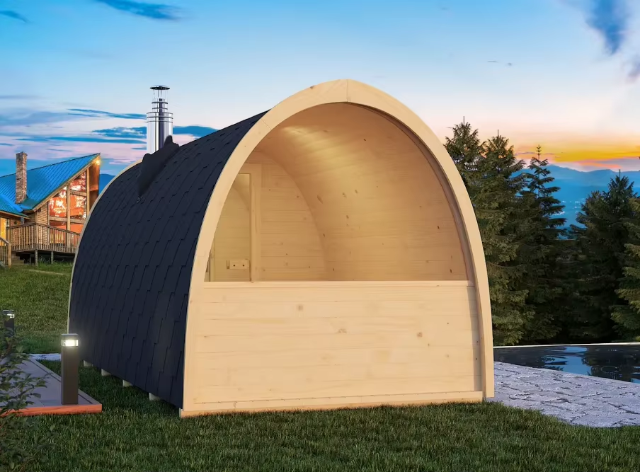 Large Red Cedar Outdoor Sauna Pod with Panoramic Rear Window CSA-650 Interior view