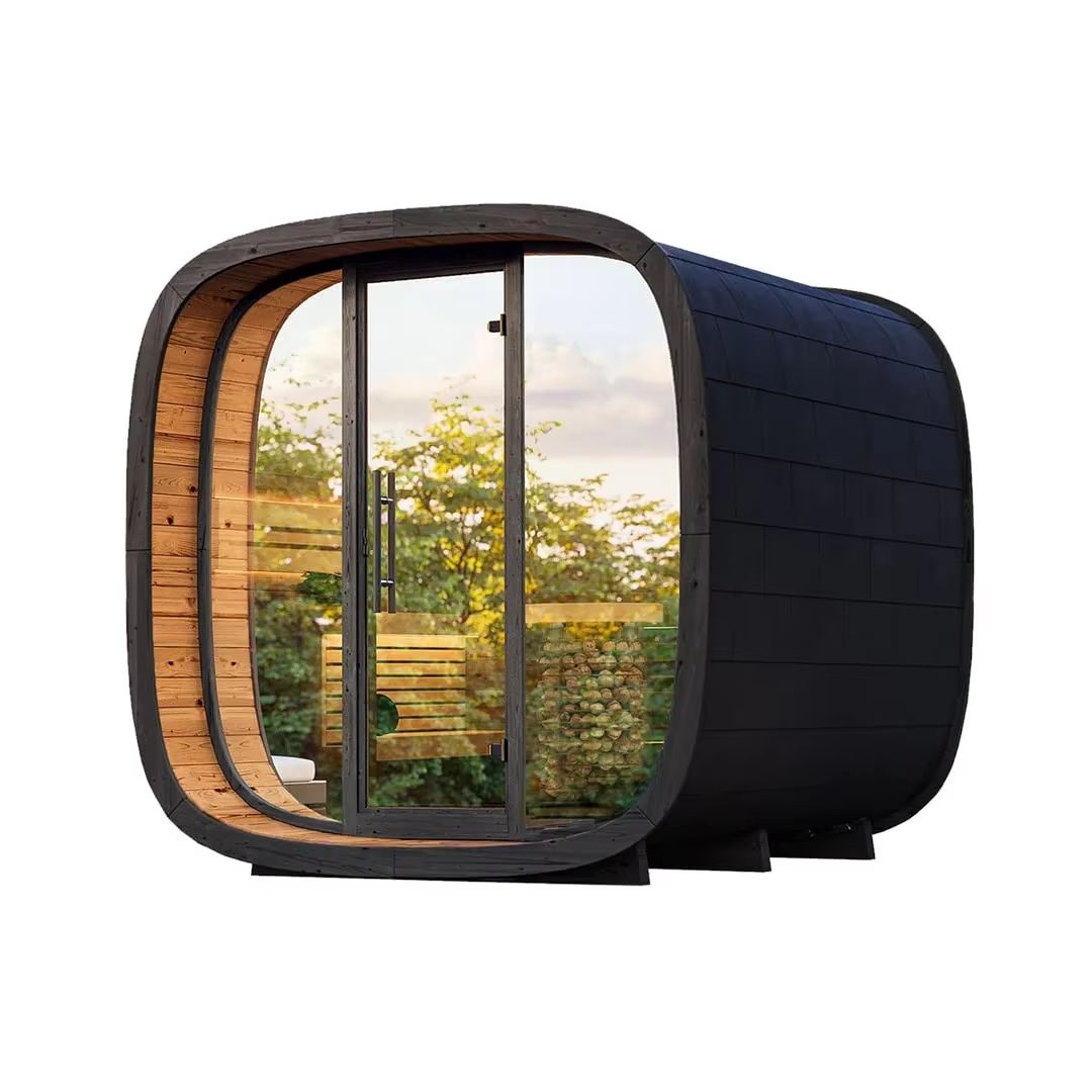 Rounded Black Outdoor Sauna Pod with Full Glass Front product image