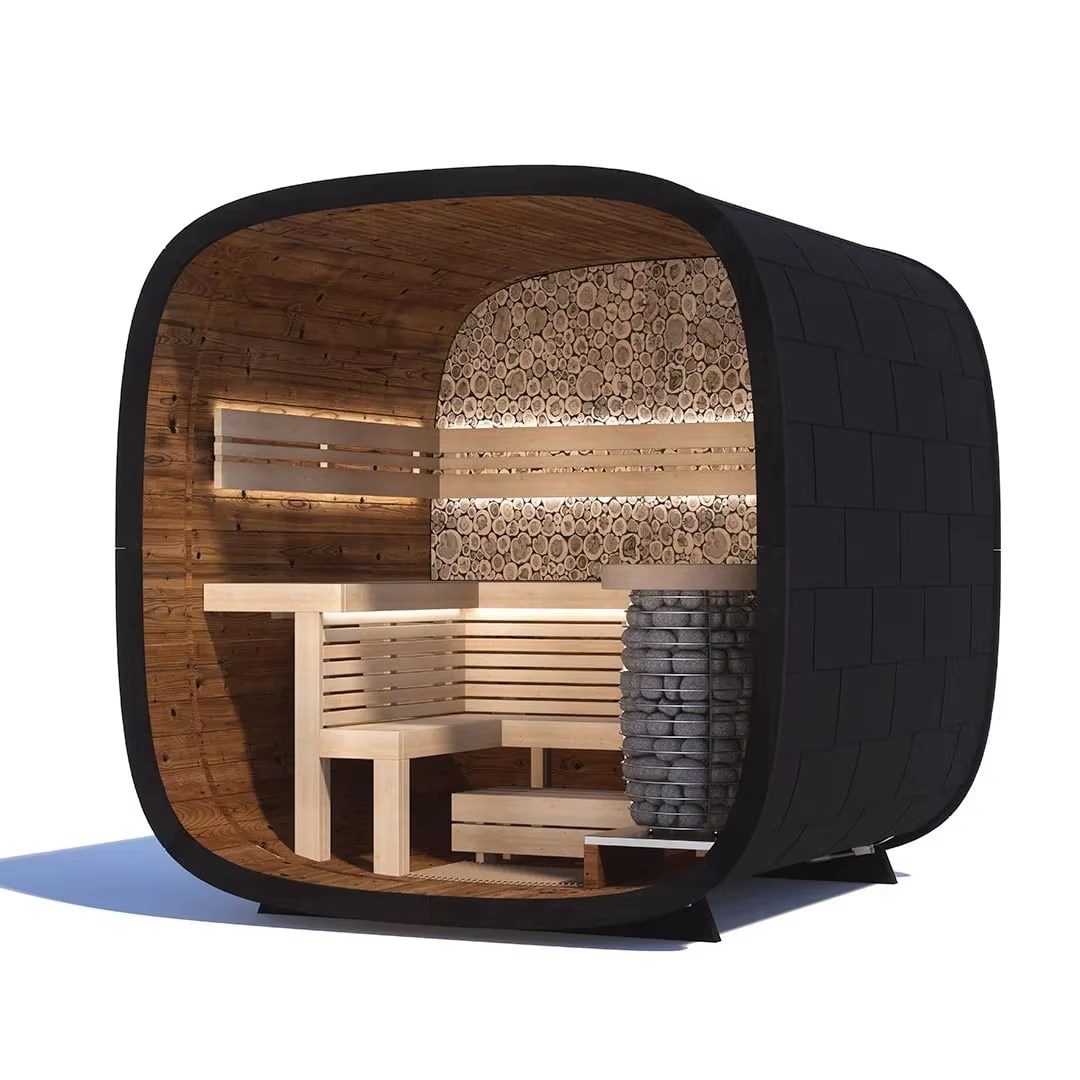 Rounded Black Outdoor Sauna Pod with Full Glass Front CSA-651 Exterior angle