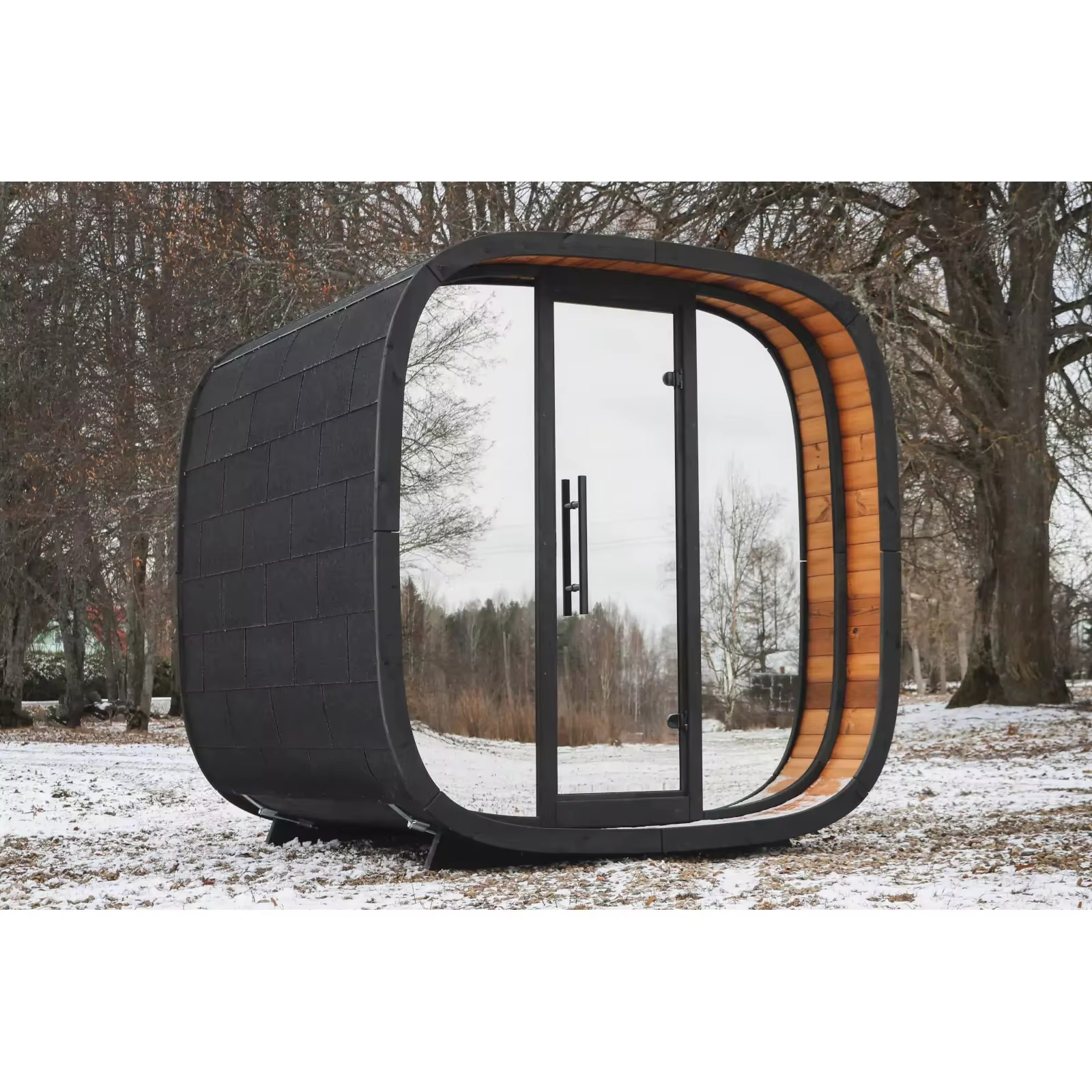 Rounded Black Outdoor Sauna Pod with Full Glass Front CSA-651 Interior view