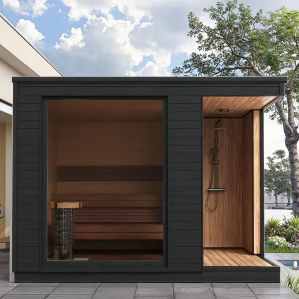 Black Outdoor Sauna Cabin with Covered Shower Vestibule product image