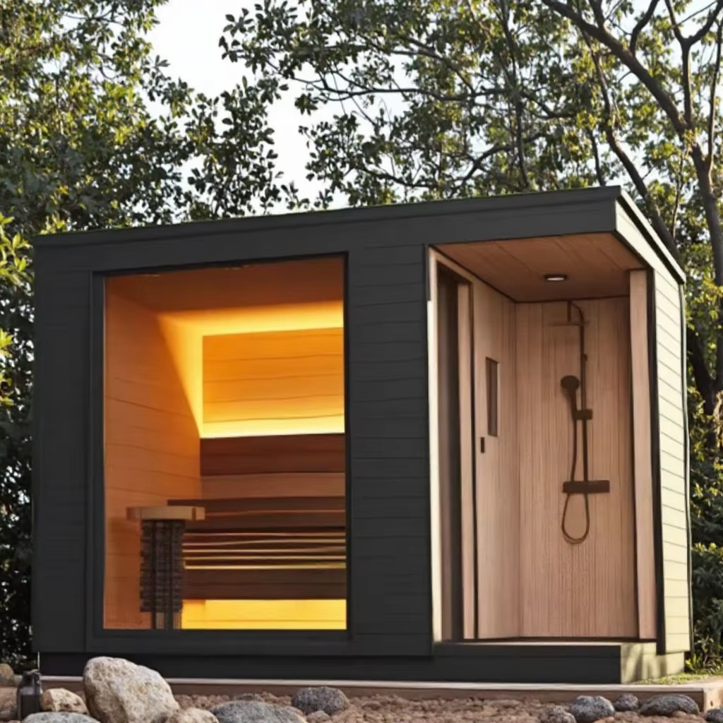 Black Outdoor Sauna Cabin with Covered Shower Vestibule CSA-652 Exterior angle