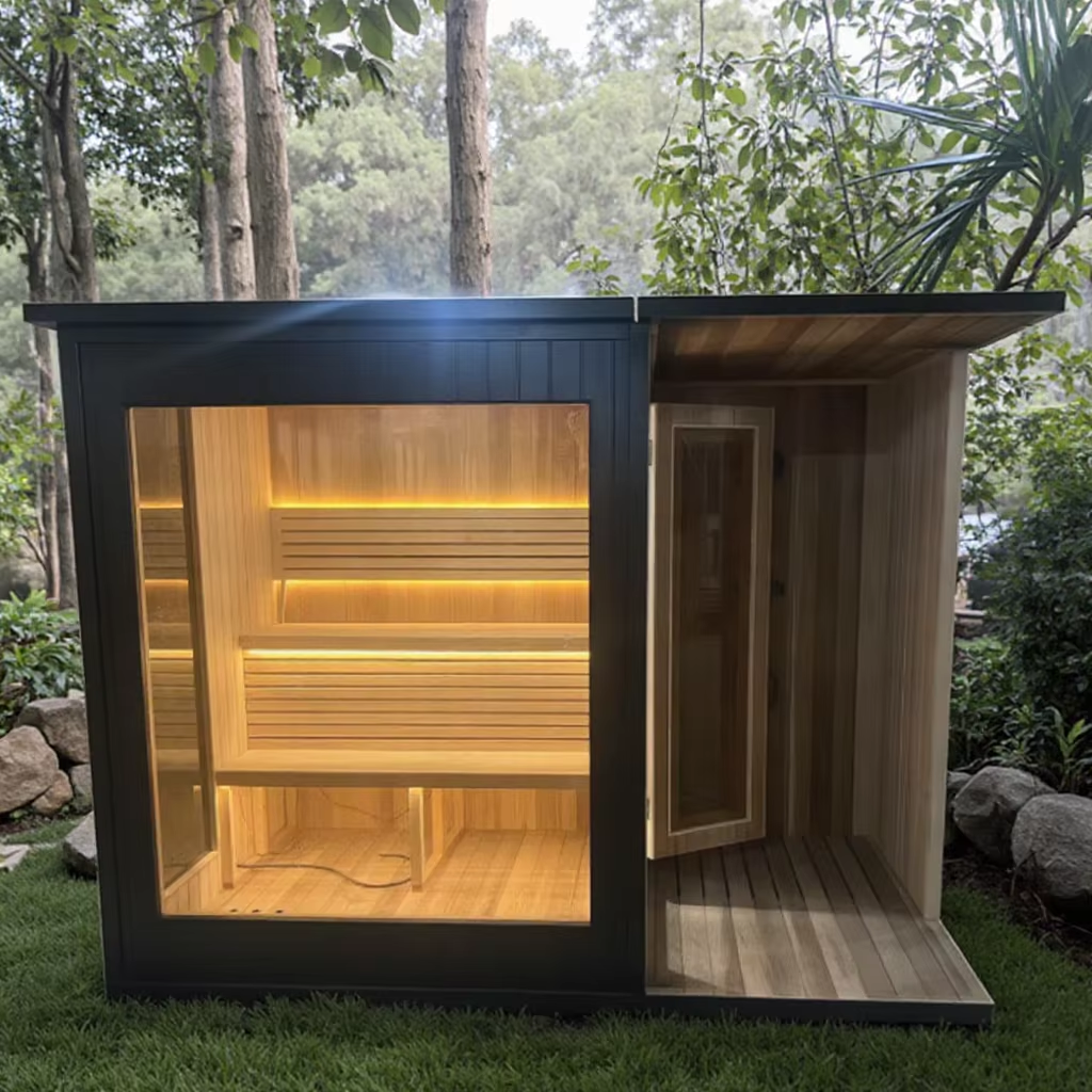 Black Outdoor Sauna Cabin with Covered Shower Vestibule CSA-652 Interior view
