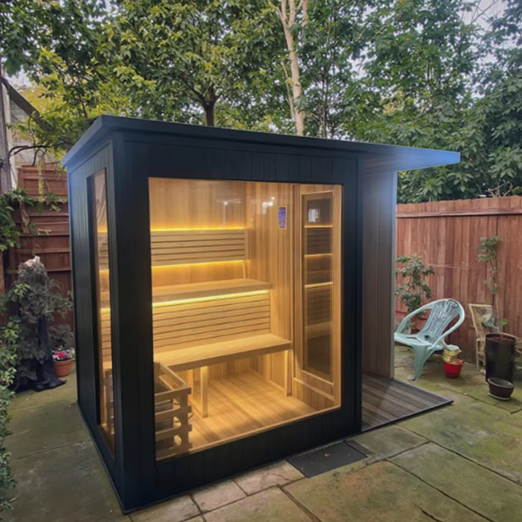 Black Outdoor Sauna Cabin with Covered Shower Vestibule CSA-652 Door and glass