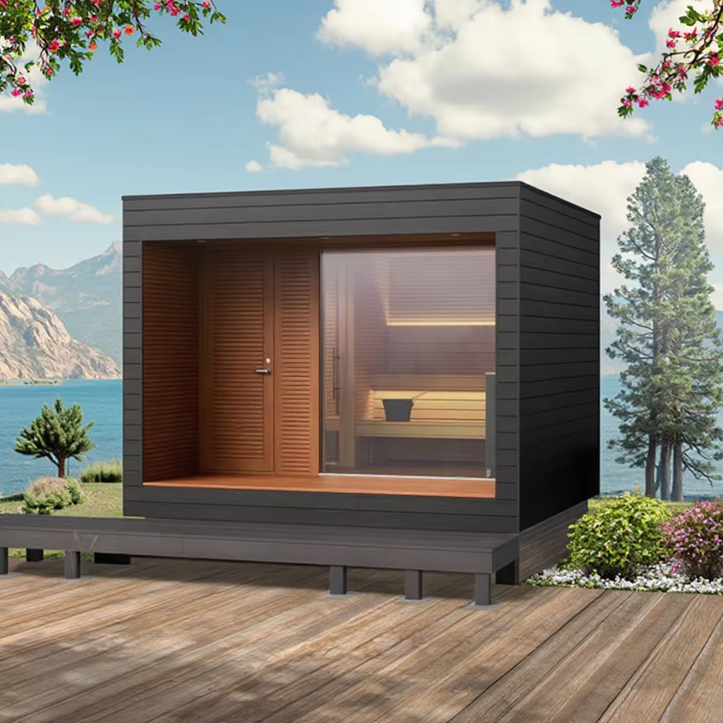 Black Outdoor Sauna Cabin with Covered Shower Vestibule CSA-652 Side profile