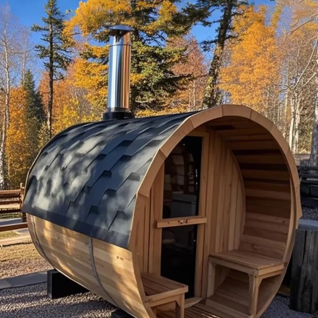 Cedar Barrel Sauna with Front Porch and Roof Detail product image
