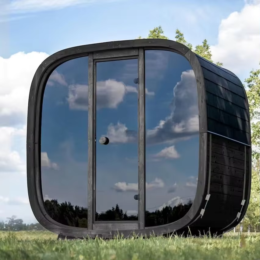 Oval Mirror Glass Outdoor Sauna Pod with Charred Exterior product image