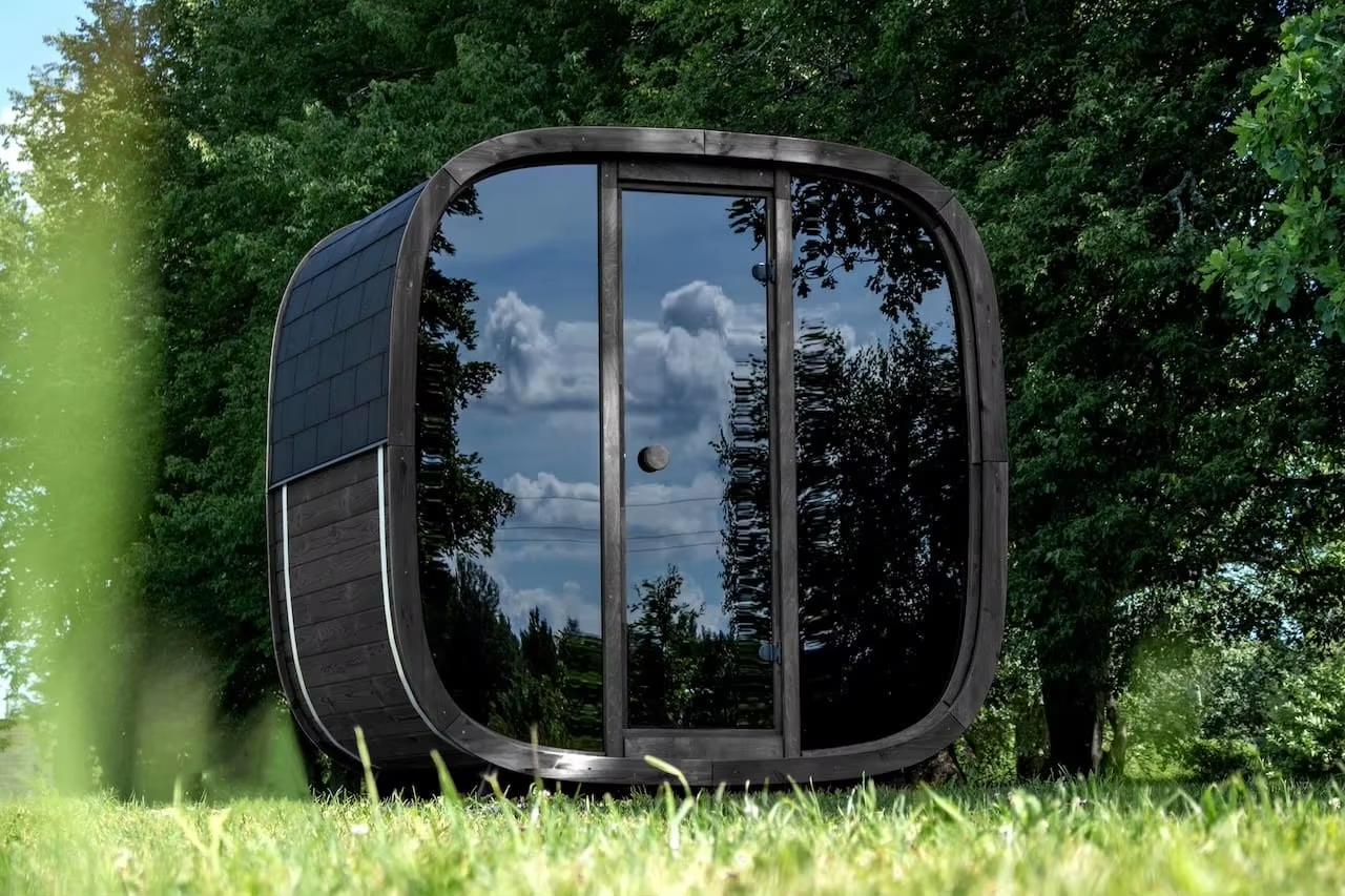 Oval Mirror Glass Outdoor Sauna Pod with Charred Exterior CSA-662 Door and glass