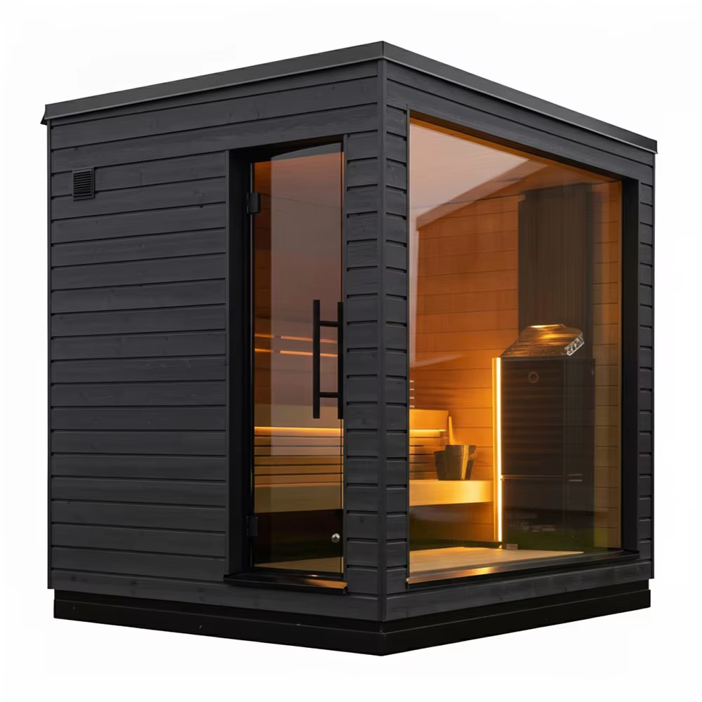 Black Cube Sauna Cabin with Corner Glass Front product image
