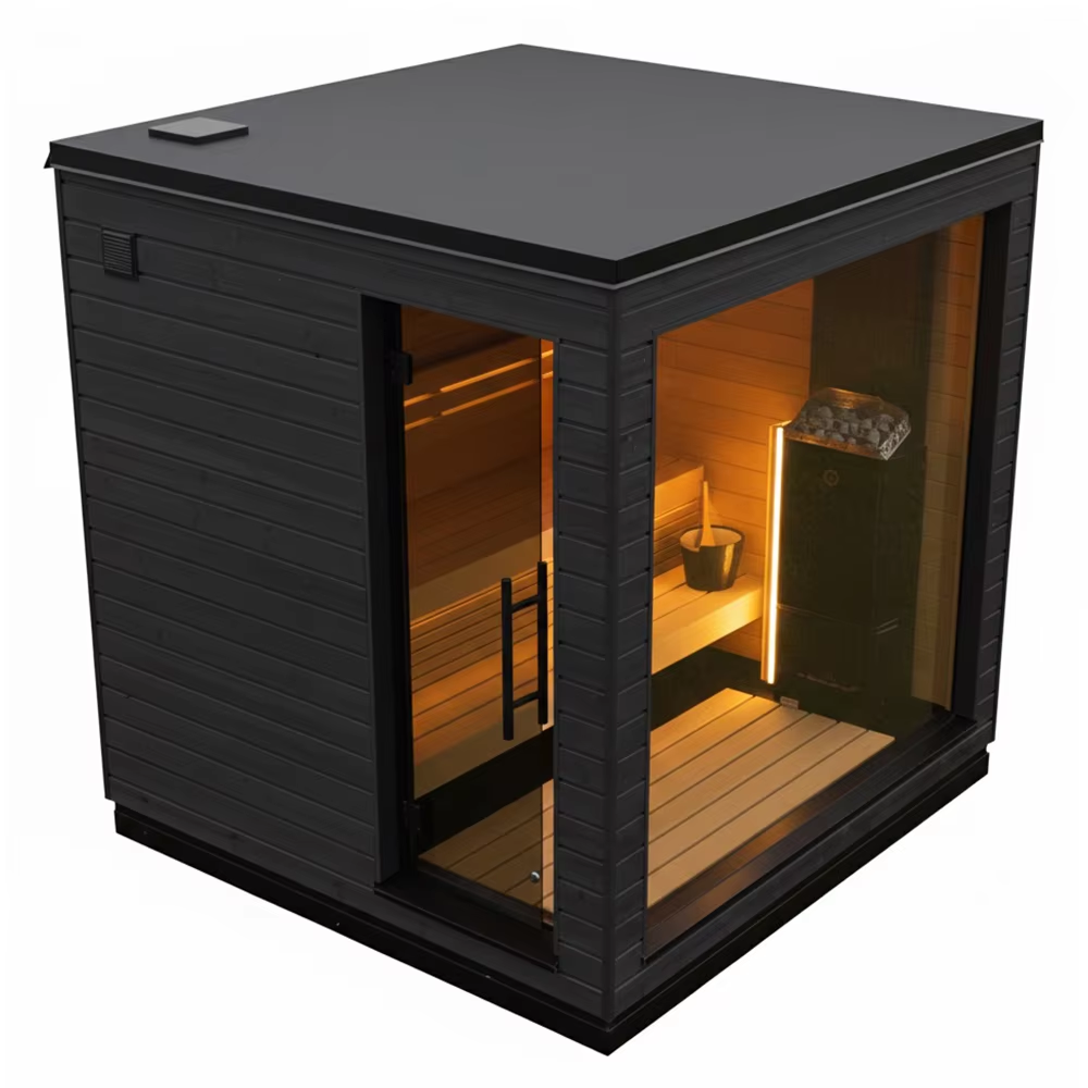 Black Cube Sauna Cabin with Corner Glass Front CSA-663 Exterior angle
