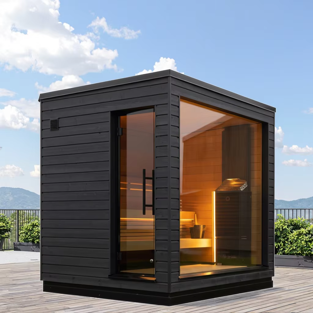 Black Cube Sauna Cabin with Corner Glass Front CSA-663 Door and glass
