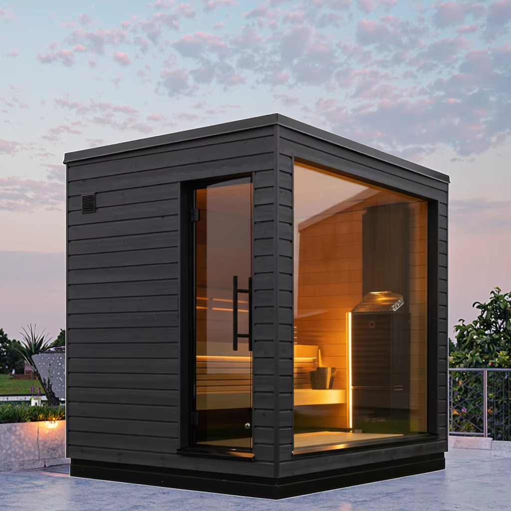 Black Cube Sauna Cabin with Corner Glass Front CSA-663 Side profile