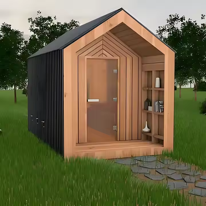 Pitched Roof Outdoor Sauna Cabin with Glass Front CSA-665 Exterior angle