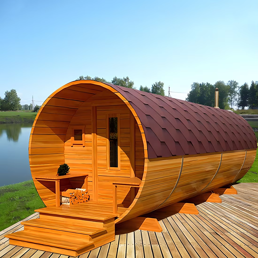 Red Cedar Barrel Sauna with Front Porch and Stove Route CSA-666 Exterior angle