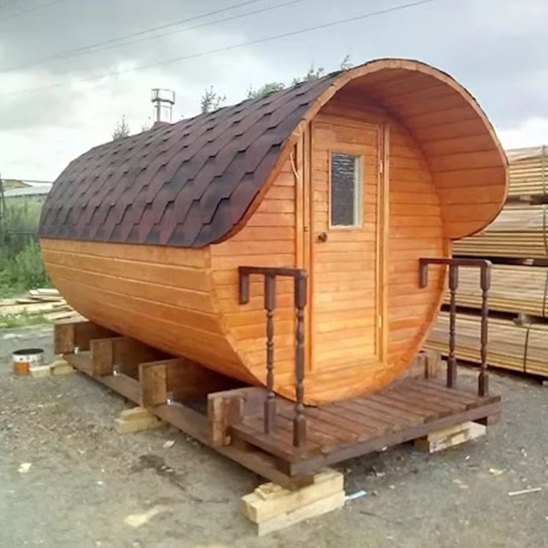 Red Cedar Barrel Sauna with Front Porch and Stove Route CSA-666 Door and glass