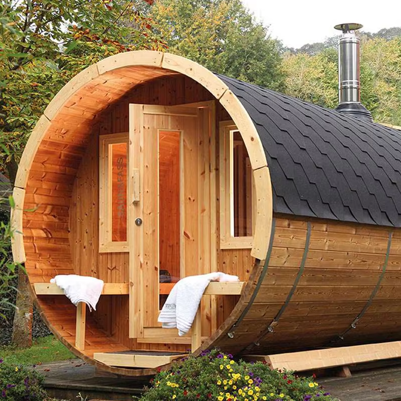 Red Cedar Barrel Sauna with Front Porch and Stove Route CSA-666 Side profile