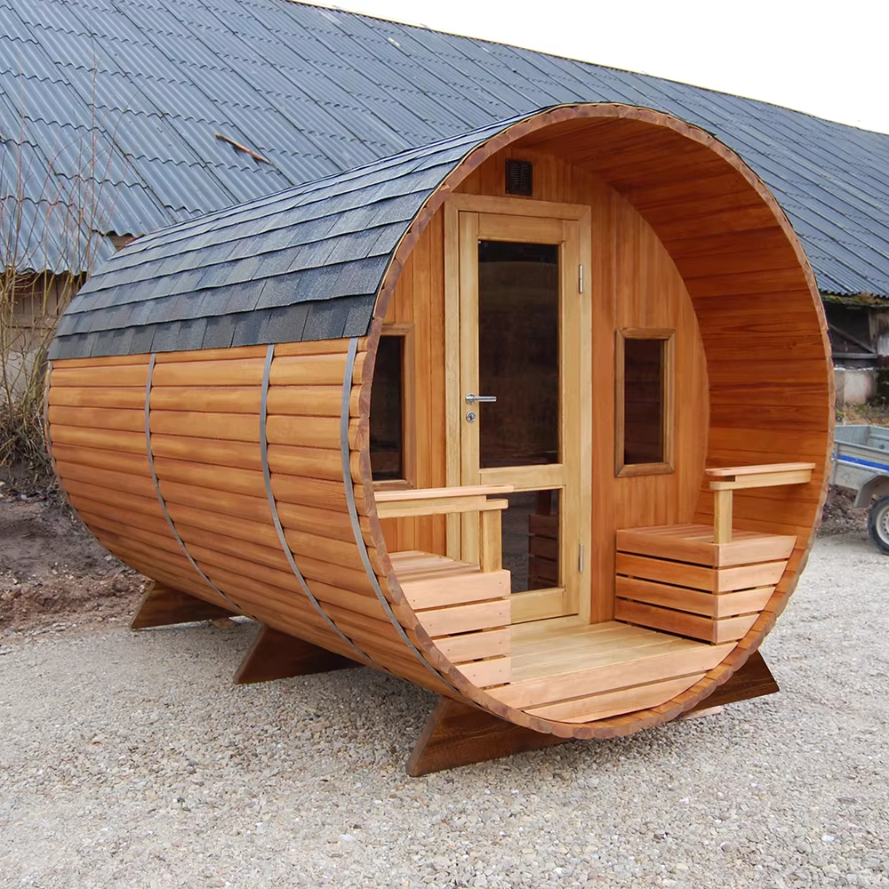 Red Cedar Barrel Sauna with Front Porch and Stove Route CSA-666 Buyer reference