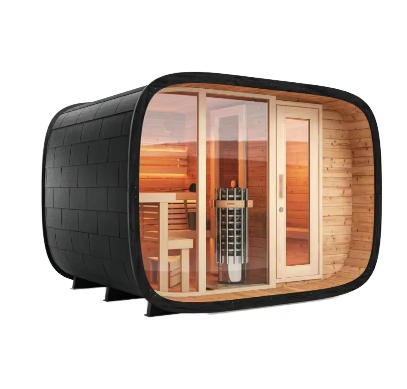 Black Oval Glass Outdoor Sauna Pod with Wood Interior CSA-667 Exterior angle