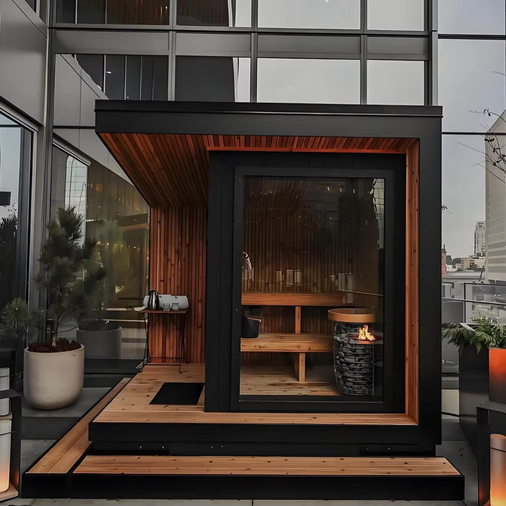 Modern Glass-Front Outdoor Sauna Cabin with Terrace Deck product image
