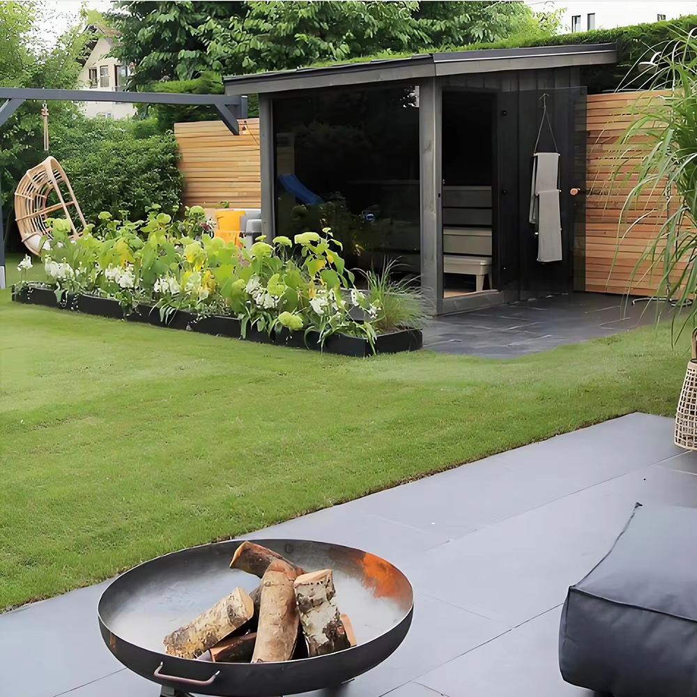 Modern Glass-Front Outdoor Sauna Cabin with Terrace Deck CSA-670 Exterior angle