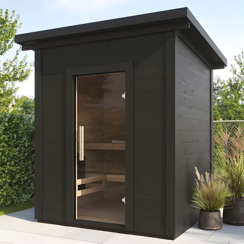 Modern Glass-Front Outdoor Sauna Cabin with Terrace Deck CSA-670 Side profile