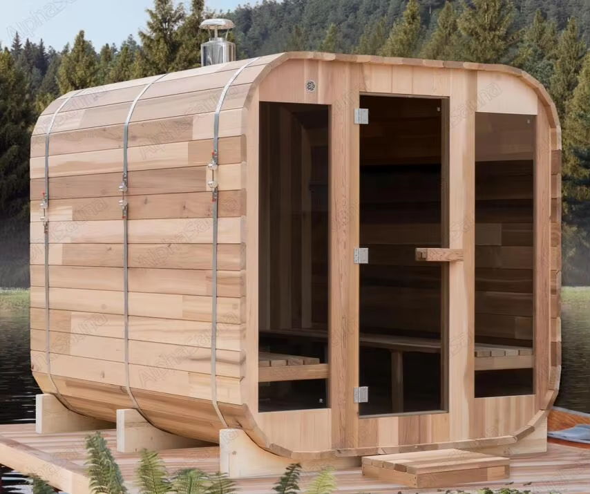 Round-Corner Cedar Sauna Cabin with Double Glass Door CSA-671 Exterior angle