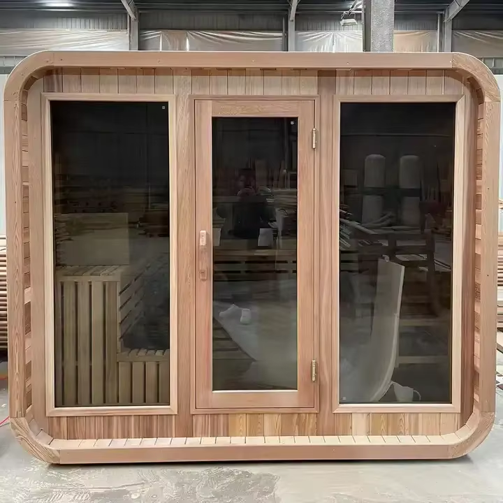 Round-Corner Cedar Sauna Cabin with Double Glass Door CSA-671 Door and glass