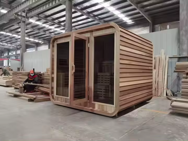 Round-Corner Cedar Sauna Cabin with Double Glass Door CSA-671 Side profile