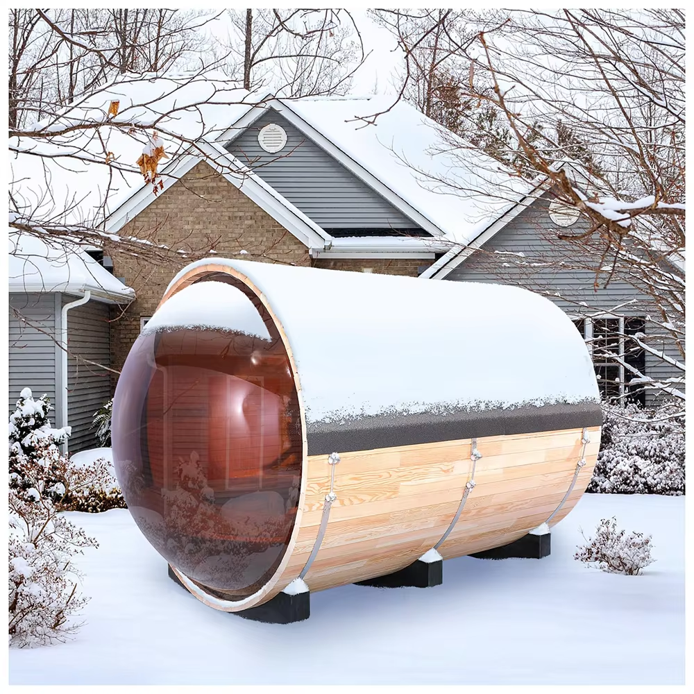 Panoramic Round Window Barrel Sauna Cabin CSA-674 Exterior angle