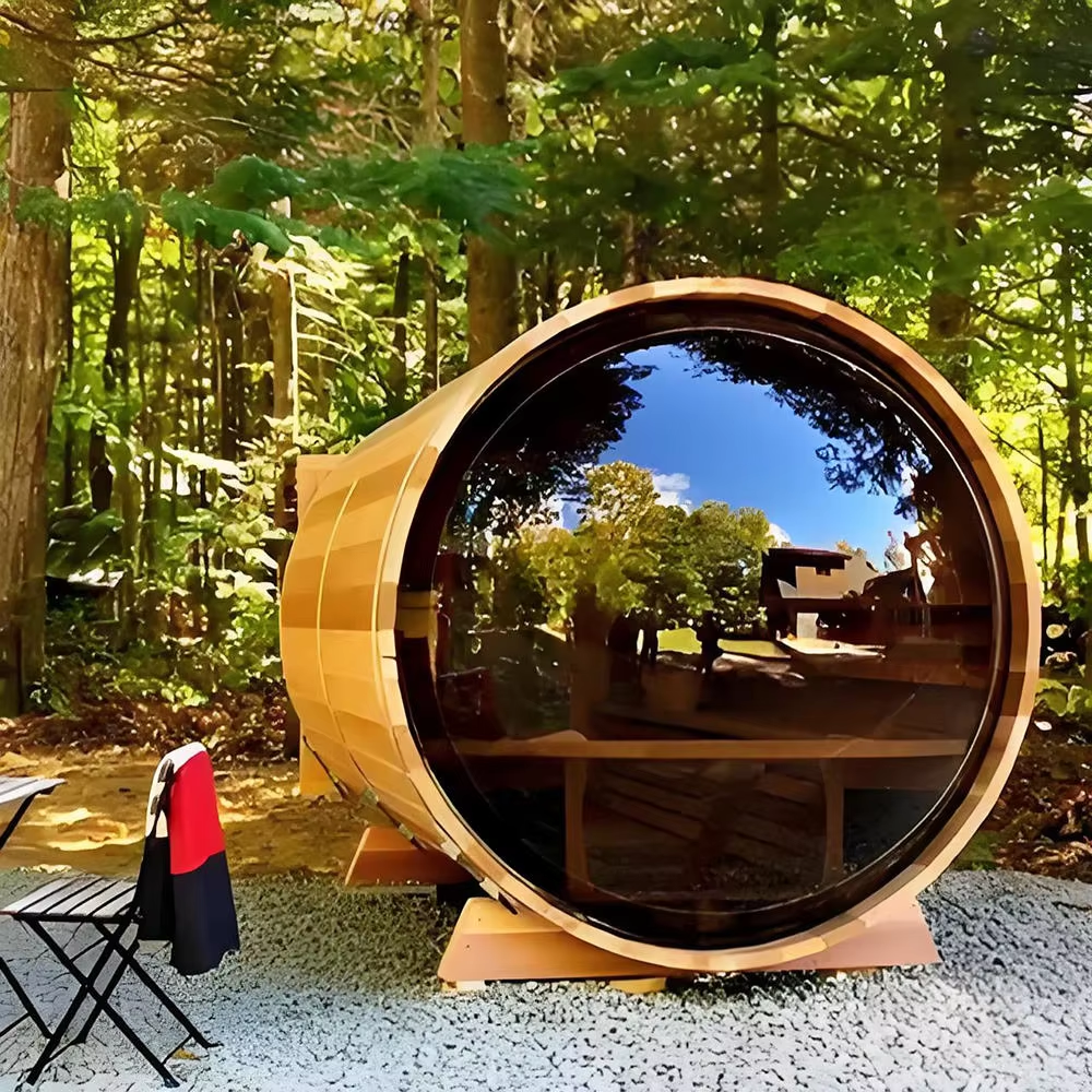 Panoramic Round Window Barrel Sauna Cabin CSA-674 Door and glass