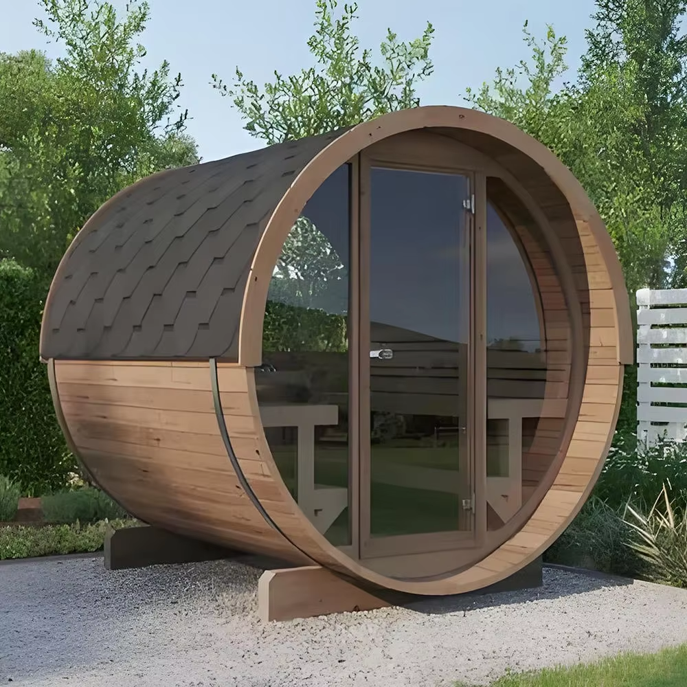 Panoramic Round Window Barrel Sauna Cabin CSA-674 Side profile