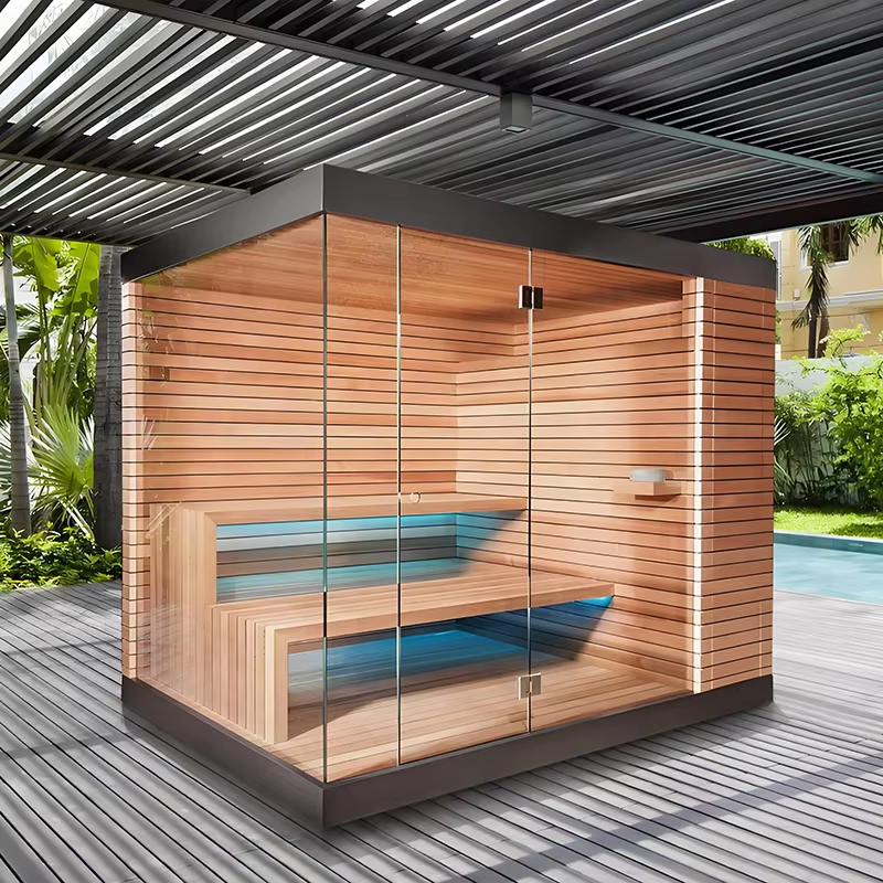 Glass-Wall Indoor Sauna Room with Bench Detail product image