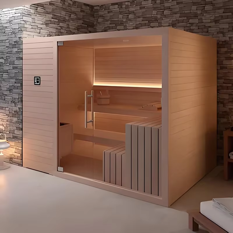 Glass-Wall Indoor Sauna Room with Bench Detail CSA-678 Exterior angle