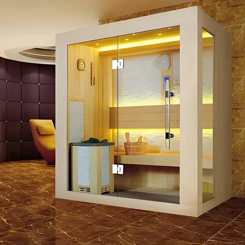 Glass-Wall Indoor Sauna Room with Bench Detail CSA-678 Interior view