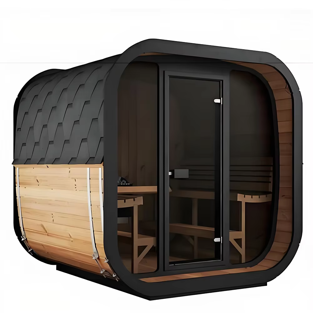 Rounded-Corner Outdoor Sauna Cabin with Glass Front CSA-679 Exterior angle