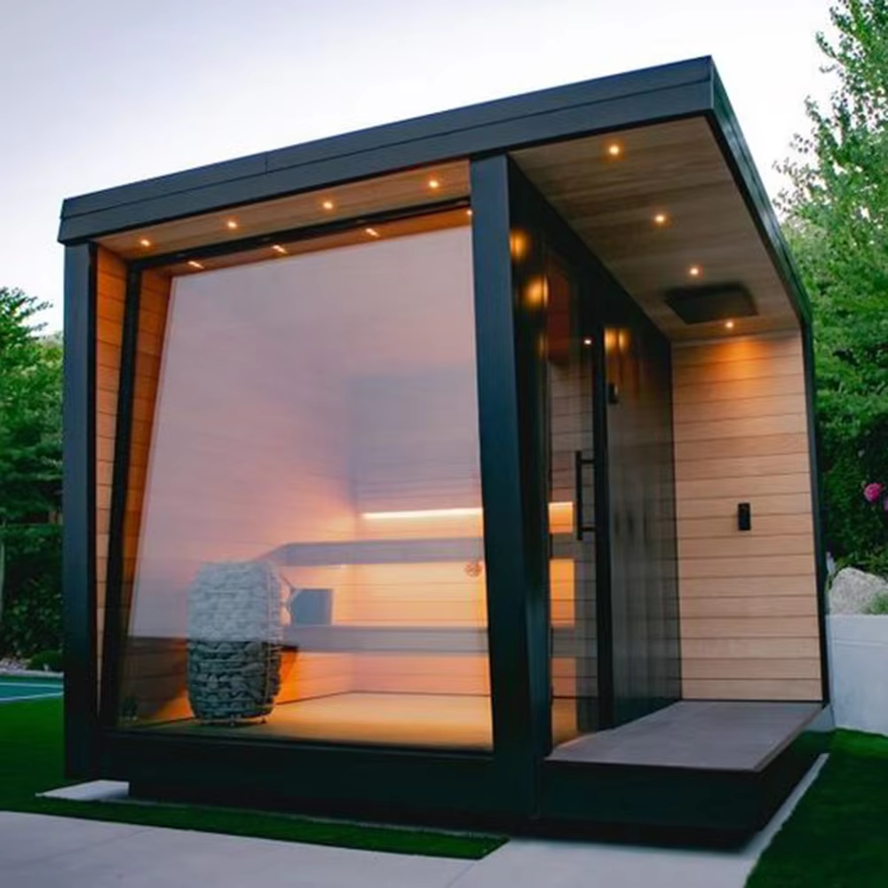 Modern Full-Glass Outdoor Sauna Room with Deck Entry product image