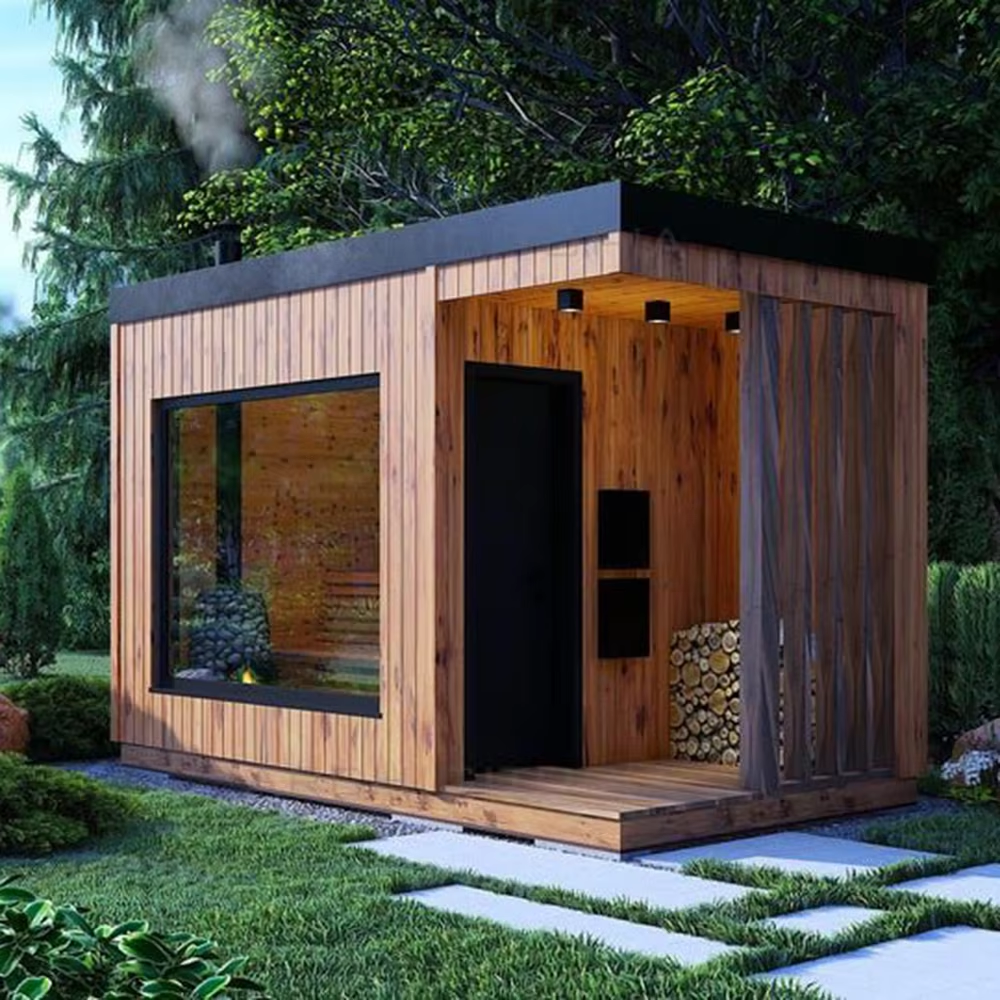 Modern Full-Glass Outdoor Sauna Room with Deck Entry CSA-680 Exterior angle