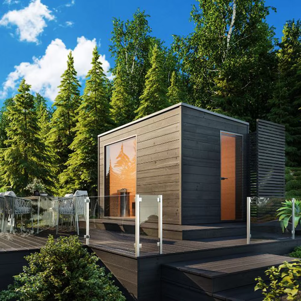Modern Full-Glass Outdoor Sauna Room with Deck Entry CSA-680 Interior view