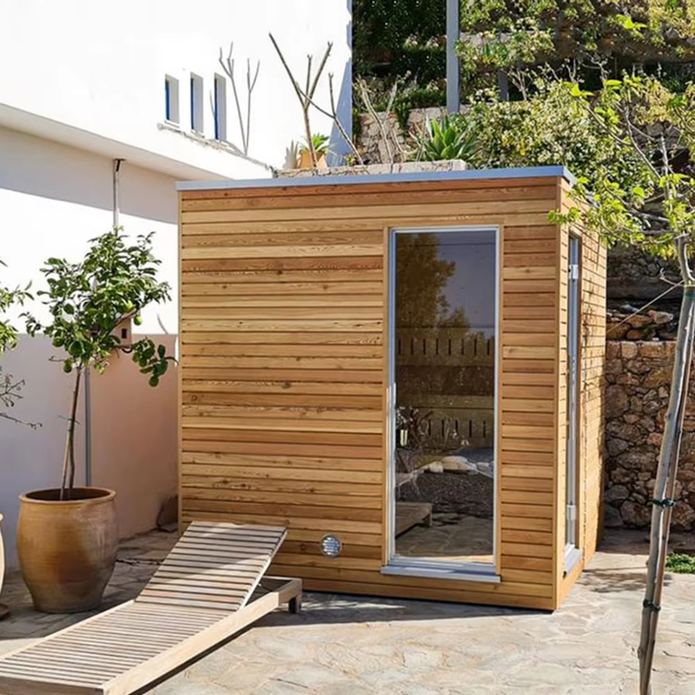 Modern Full-Glass Outdoor Sauna Room with Deck Entry CSA-680 Door and glass