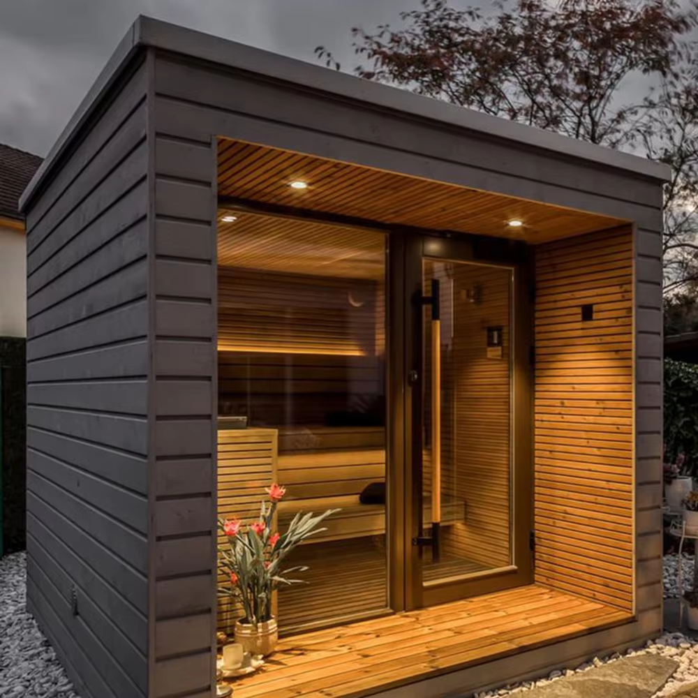 Modern Full-Glass Outdoor Sauna Room with Deck Entry CSA-680 Side profile