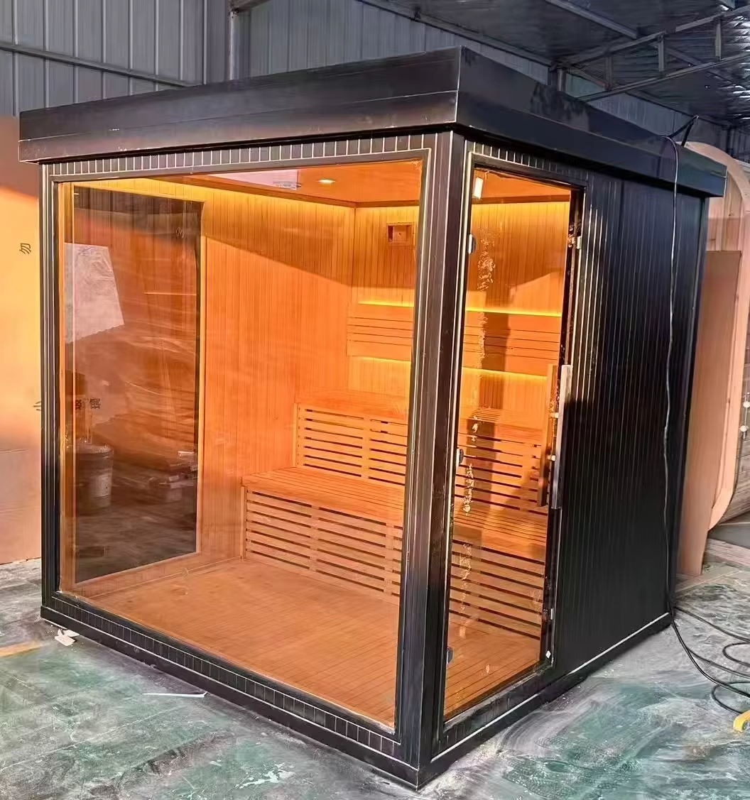 Factory-Tested Black Glass Sauna Cabin with Bench Detail CSA-681 Exterior angle