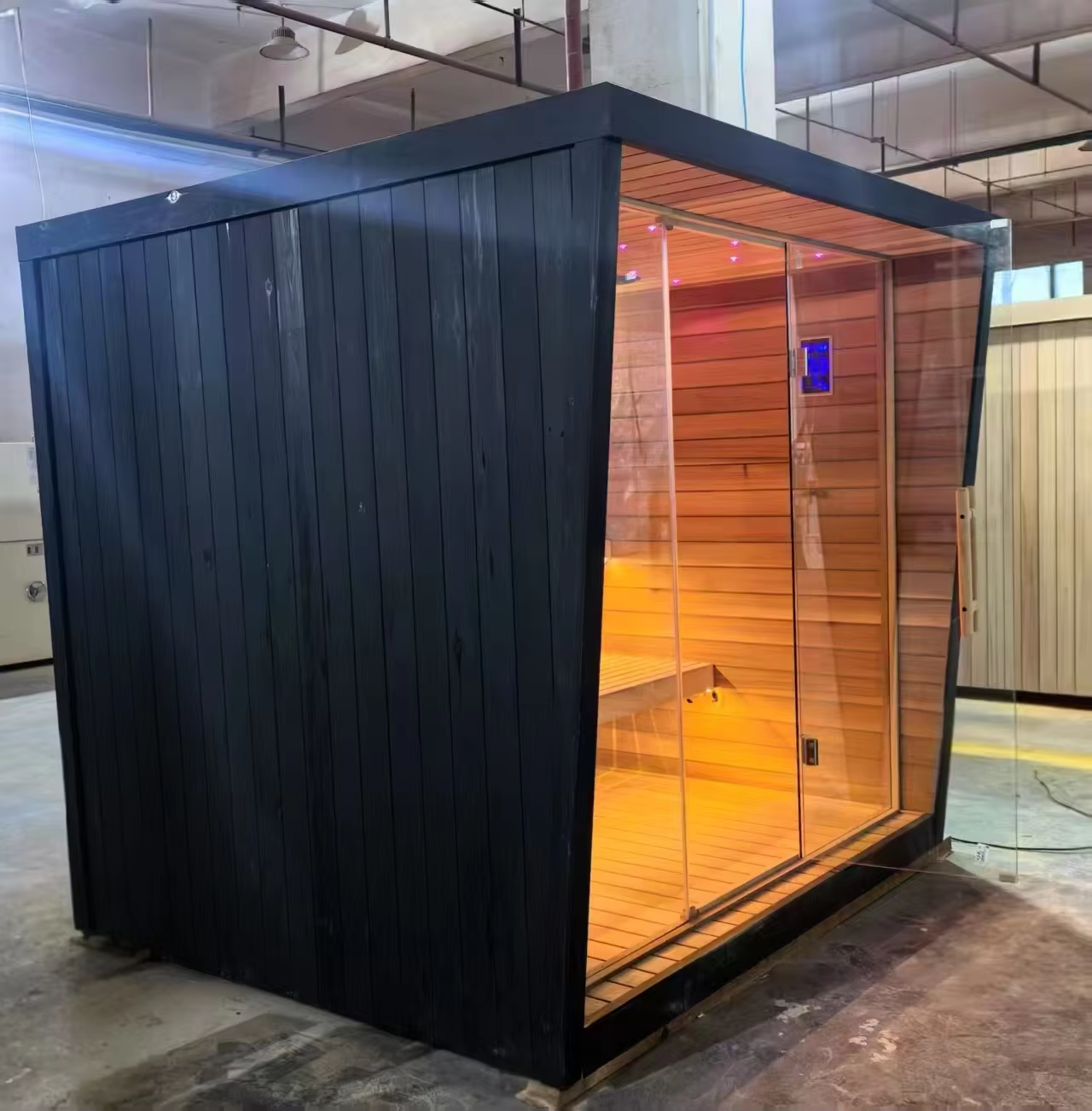 Factory-Tested Black Glass Sauna Cabin with Bench Detail CSA-681 Door and glass