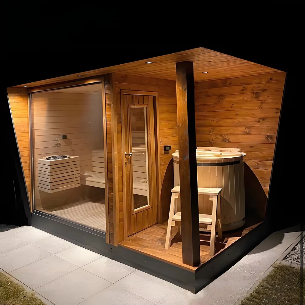 Outdoor Sauna Cabin with Shower Bay and Dark Glass Front CSA-685 Side profile