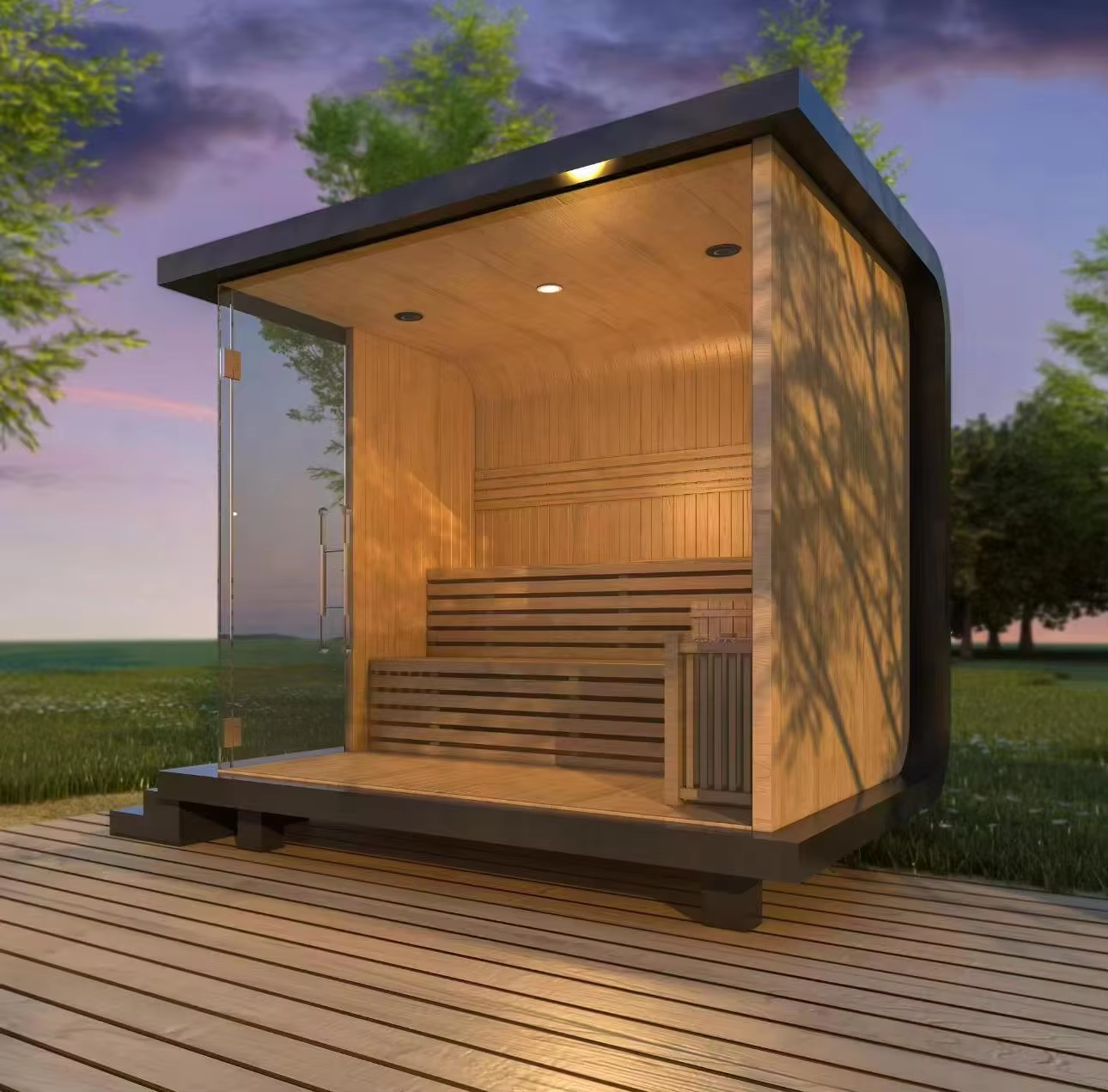 Modular Outdoor Sauna Cabin with Glass Front and Deck CSA-687 Exterior angle