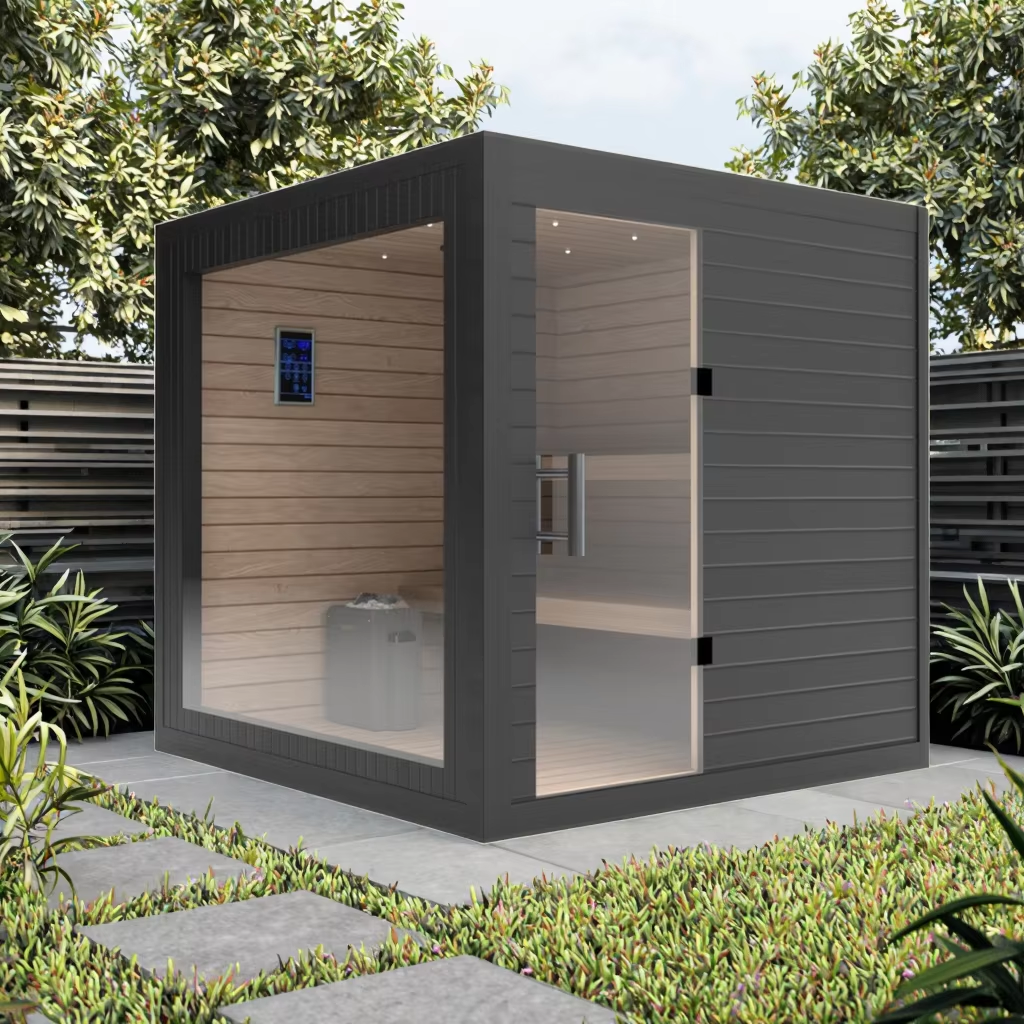 Modular Outdoor Sauna Cabin with Glass Front and Deck CSA-687 Side profile