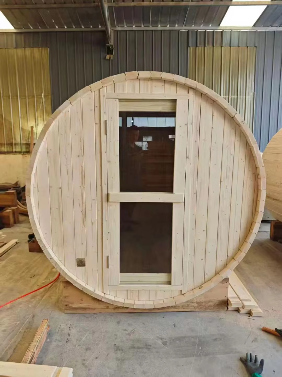 Traditional Wood Barrel Sauna with Side Door and Detail Kit CSA-689 Exterior angle